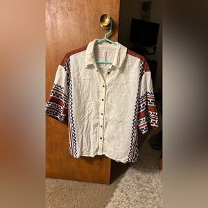 Anthropologie Ivory with Orange & Navy Blue Aztec Print Sides Collared Top